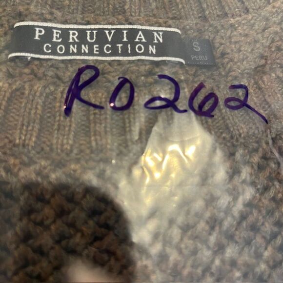 Peruvian Connection Open Knit 1/2 Sleeve Round Neck Sweater Brown Pima Small - Picture 10 of 10